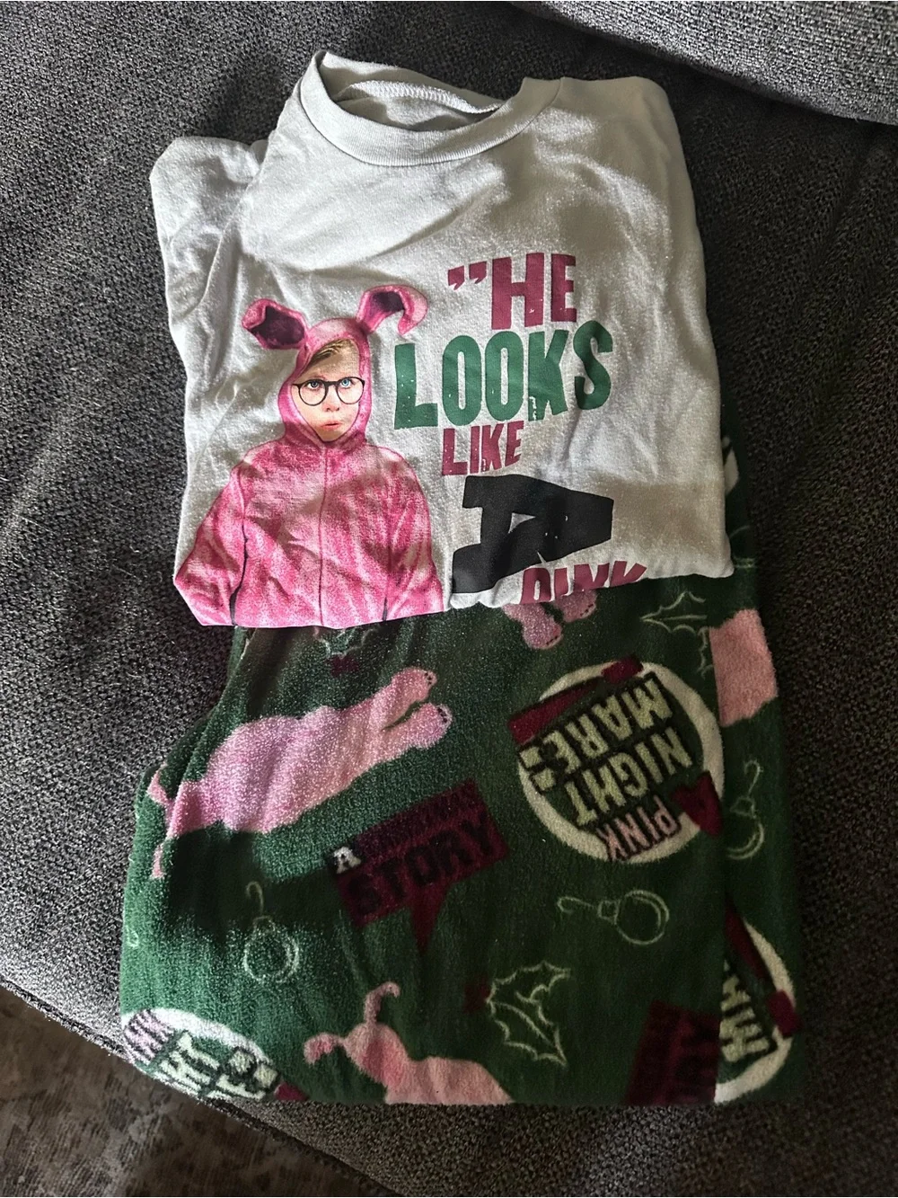 Adult small Pink & Green Holiday Pajama Set - Graphic Top & Fleece Pants